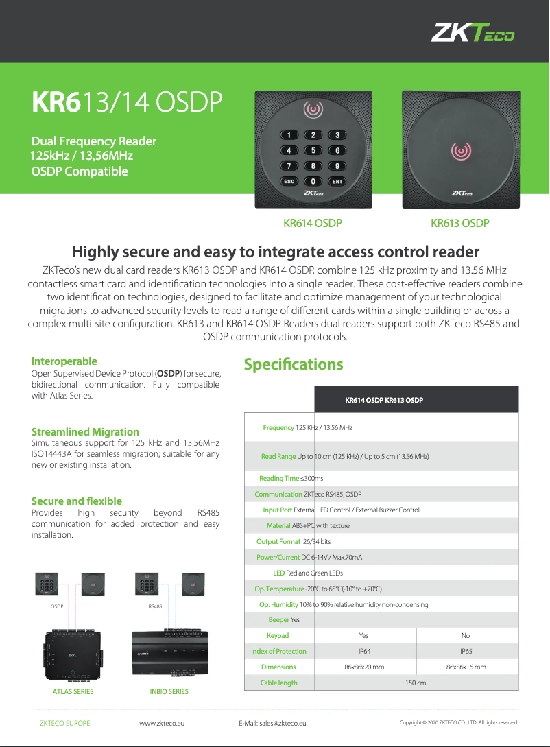 Page n°1 - Fiche technique ZKTeco KR614-OSDP