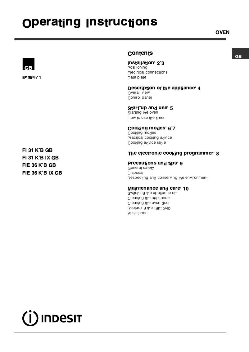 Page 1 de la notice Manuel utilisateur Indesit FI 31 KB IX