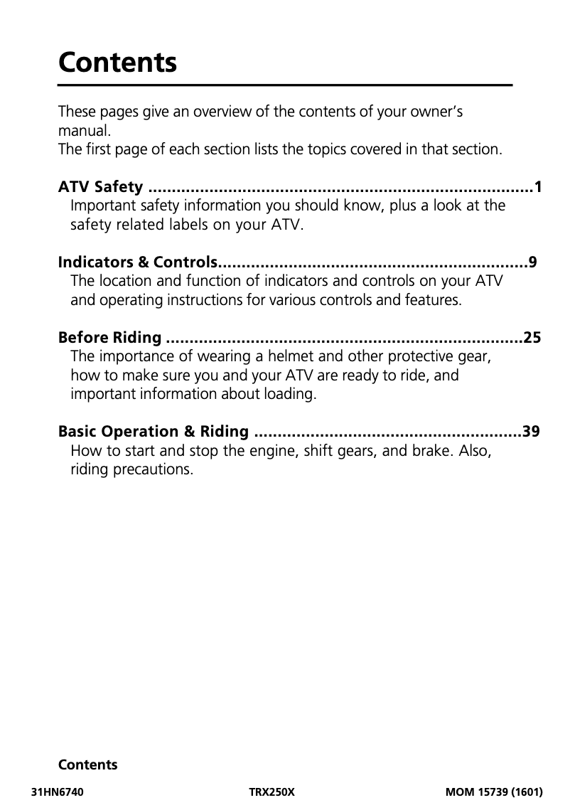Página 1 del manual Manual de usuario Honda TRX250X (2017)