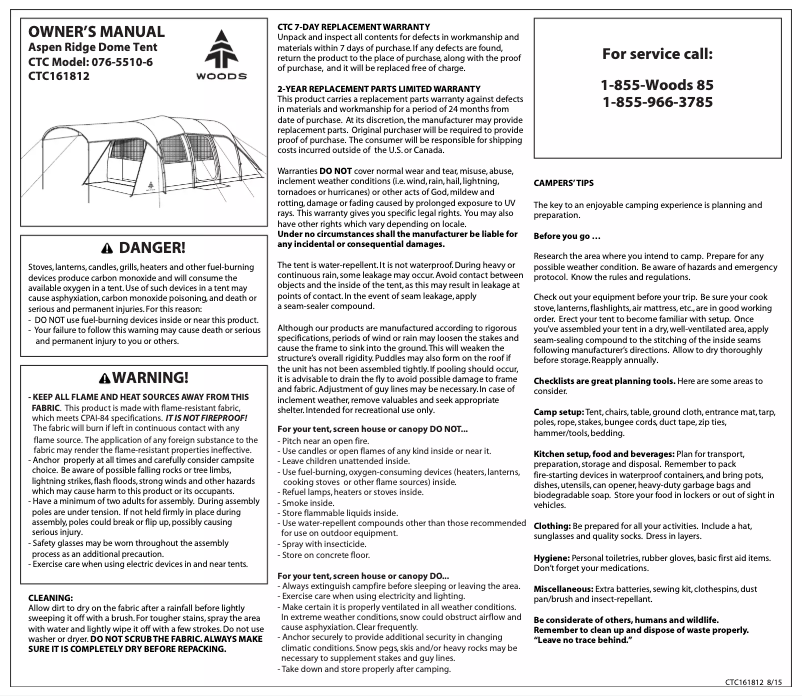 Page 1 de la notice Manuel utilisateur Wood's Aspen Ridge 12