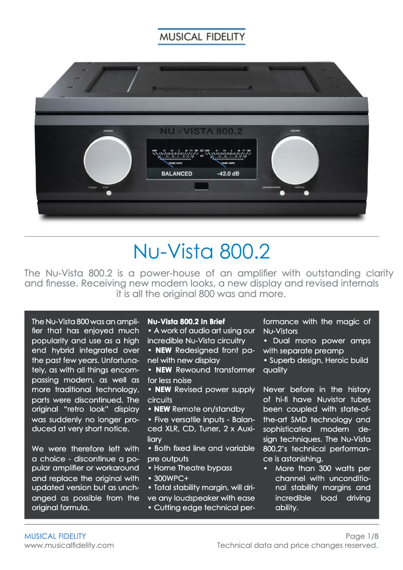 Page n°1 - Fiche technique Musical Fidelity Nu-Vista 800.2