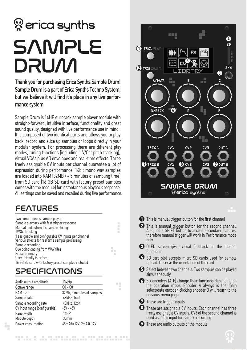 Page 1 de la notice Manuel utilisateur Erica Synths Sample Drum