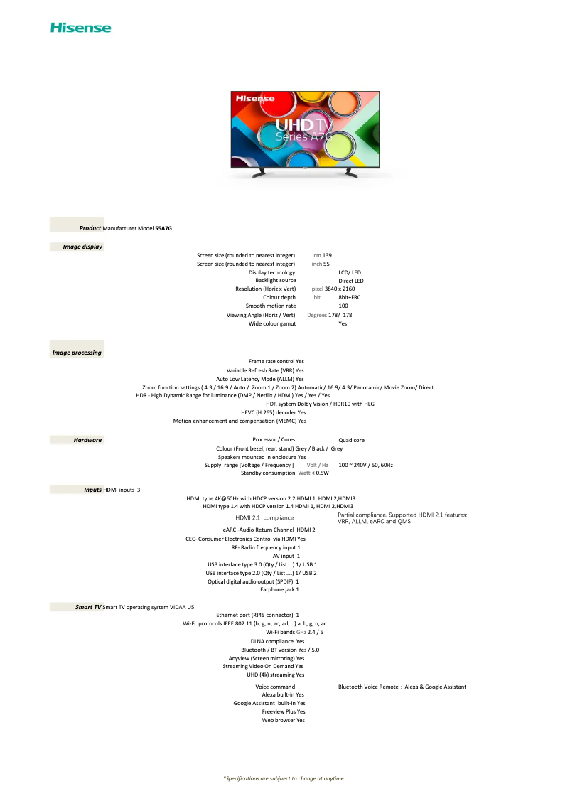 Page 1 de la notice Fiche technique Hisense 55A7G
