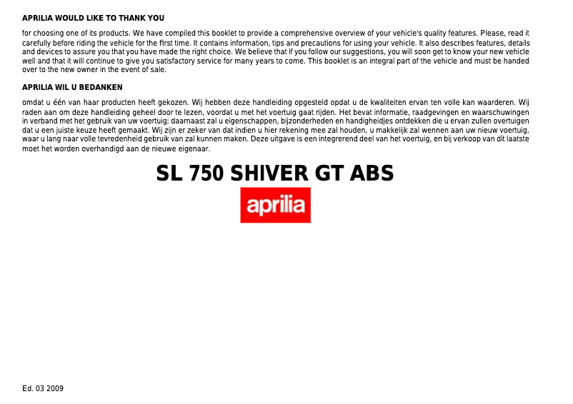 Page 1 de la notice Manuel utilisateur Aprilia SL 750 Shiver GT ABS (2009)