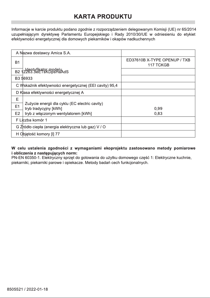 Página 1 del manual Ficha técnica Amica ED37610B X-Type OPENUP