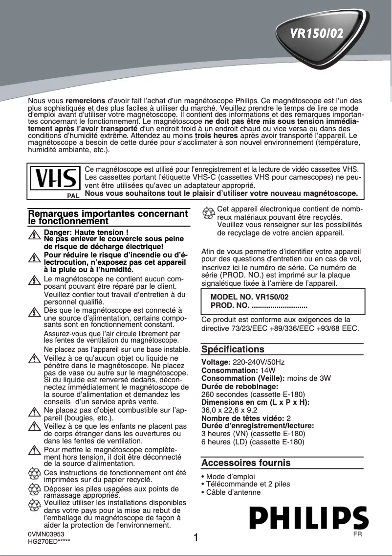 Page n°1 - Manuel utilisateur Philips VR150