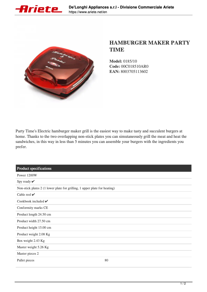 Página 1 del manual Ficha técnica Ariete Hamburger Maker Party Time 185