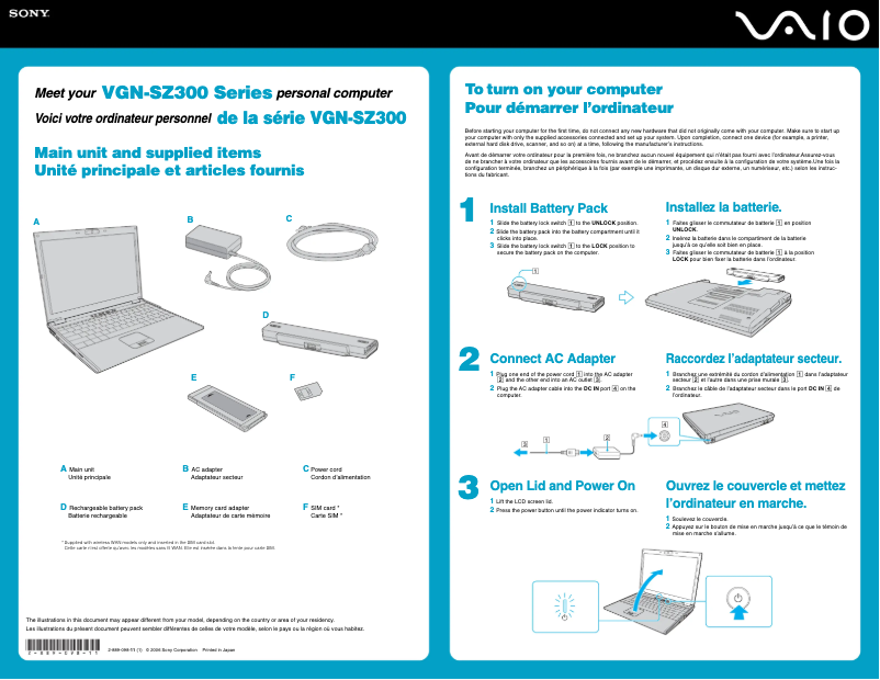 Page 1 de la notice Guide d'installation Sony Vaio VGN-SZ381P