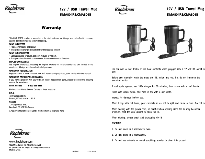 Page n°1 - Manuel utilisateur Koolatron KMA804S