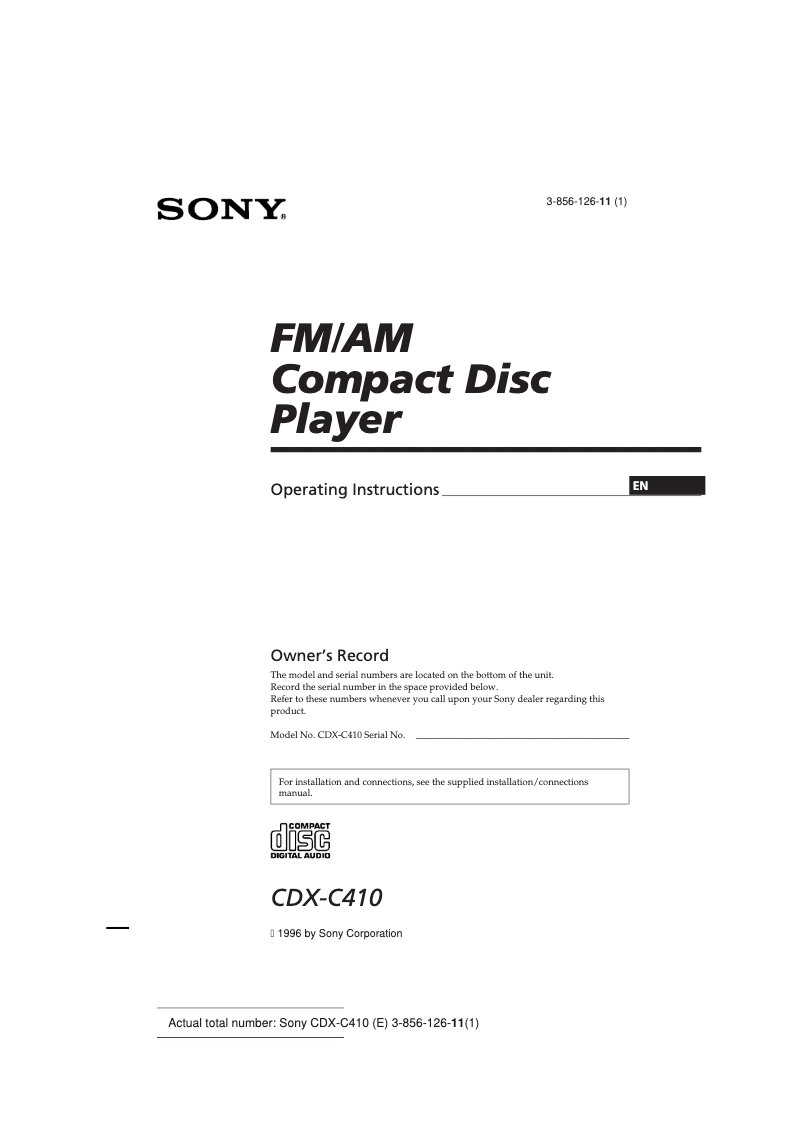 Page 1 de la notice Manuel utilisateur Sony CDX-C410