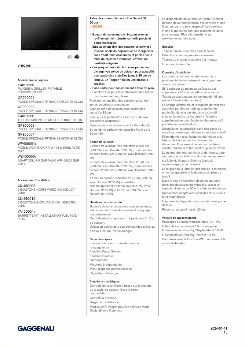 Page 1 de la notice Fiche technique Gaggenau VI492105