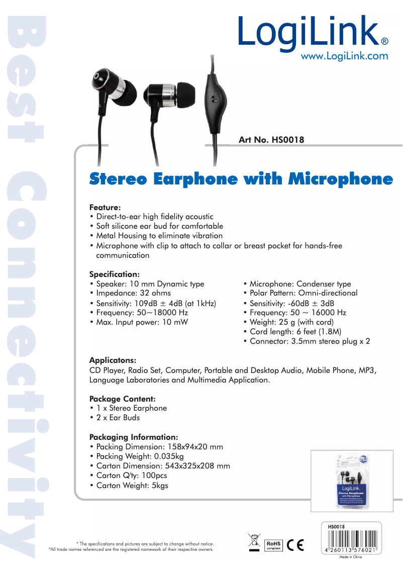 Page 1 de la notice Manuel utilisateur LogiLink HS0018