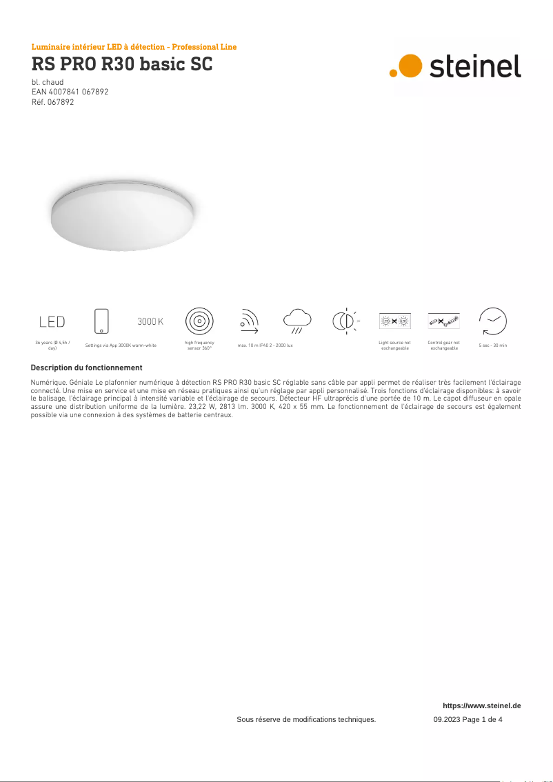 Page 1 de la notice Fiche technique Steinel RS PRO R30 Basic SC