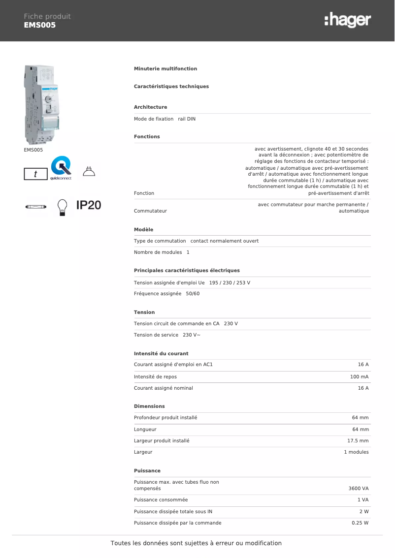 Page 1 de la notice Fiche technique Hager EMS005