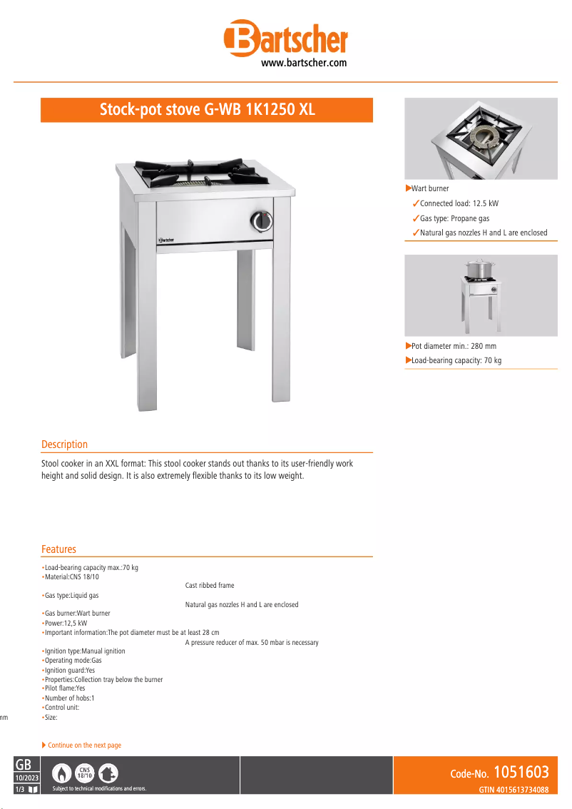 Page 1 de la notice Fiche technique Bartscher G-WB 1K1250 XL