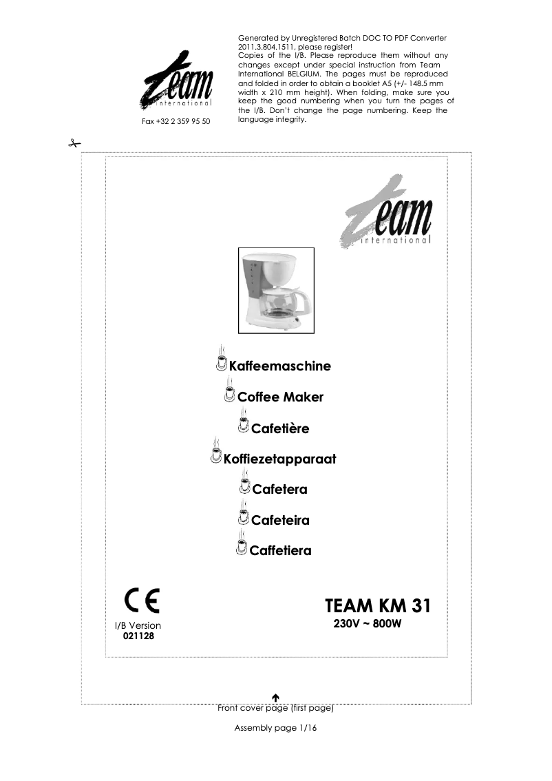 Page 1 de la notice Manuel utilisateur Team KM 31
