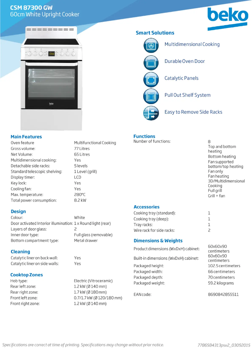 Page n°1 - Fiche technique Beko CSM 87300 GW