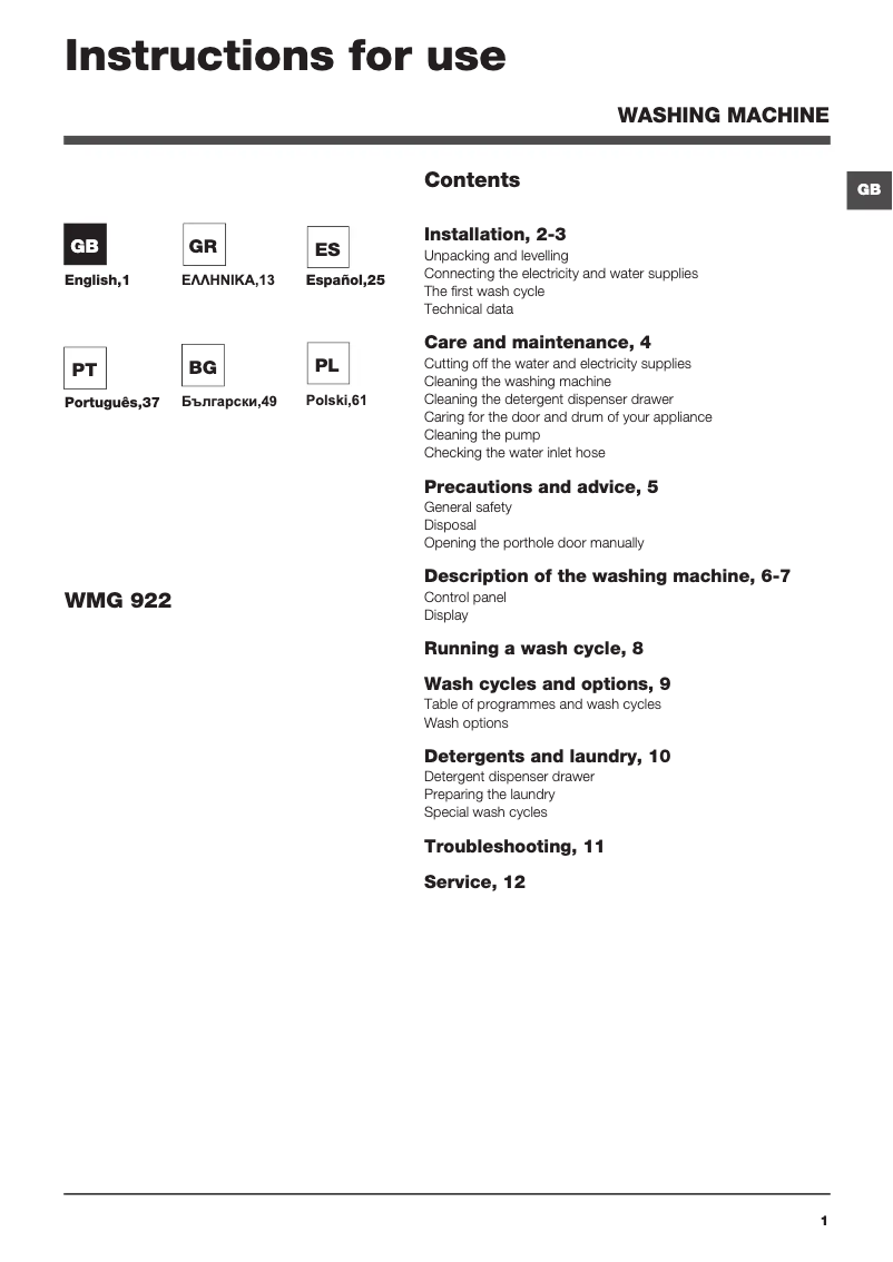 Page n°1 - Manuel utilisateur Hotpoint Ariston WMG 922B EU