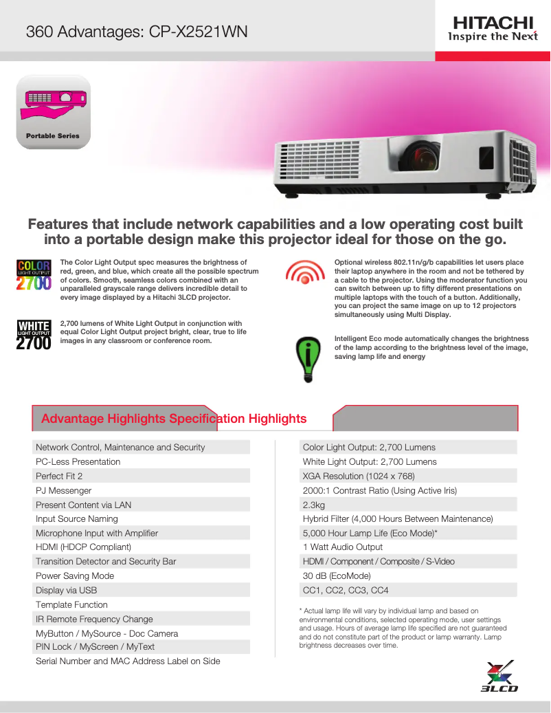 Page n°1 - Fiche technique Hitachi CP-X2521WN