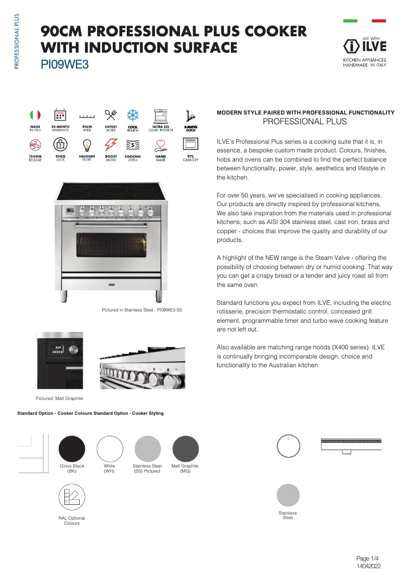 Page 1 de la notice Fiche technique Ilve PI09WE3SS