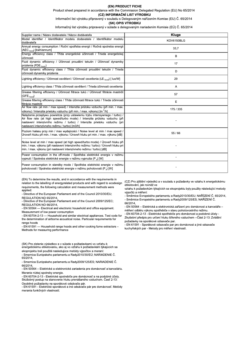 Page 1 de la notice Fiche technique Kluge KOV6150BLG