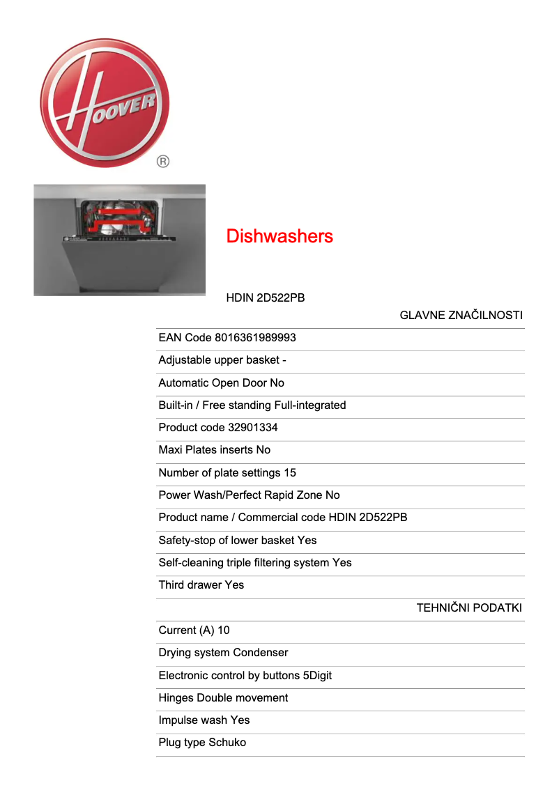 Página 1 del manual Ficha técnica Hoover H-DISH 500 HDIN 2D522PB