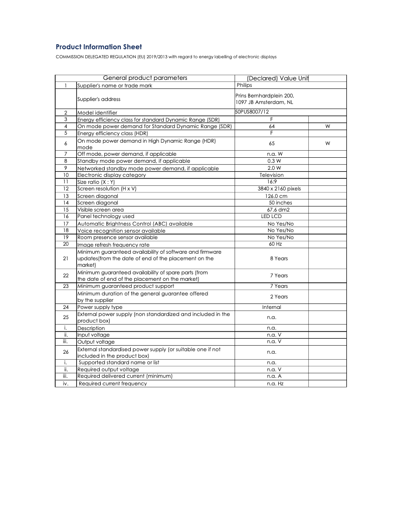 Page 1 de la notice Fiche technique Philips 50PUS8007