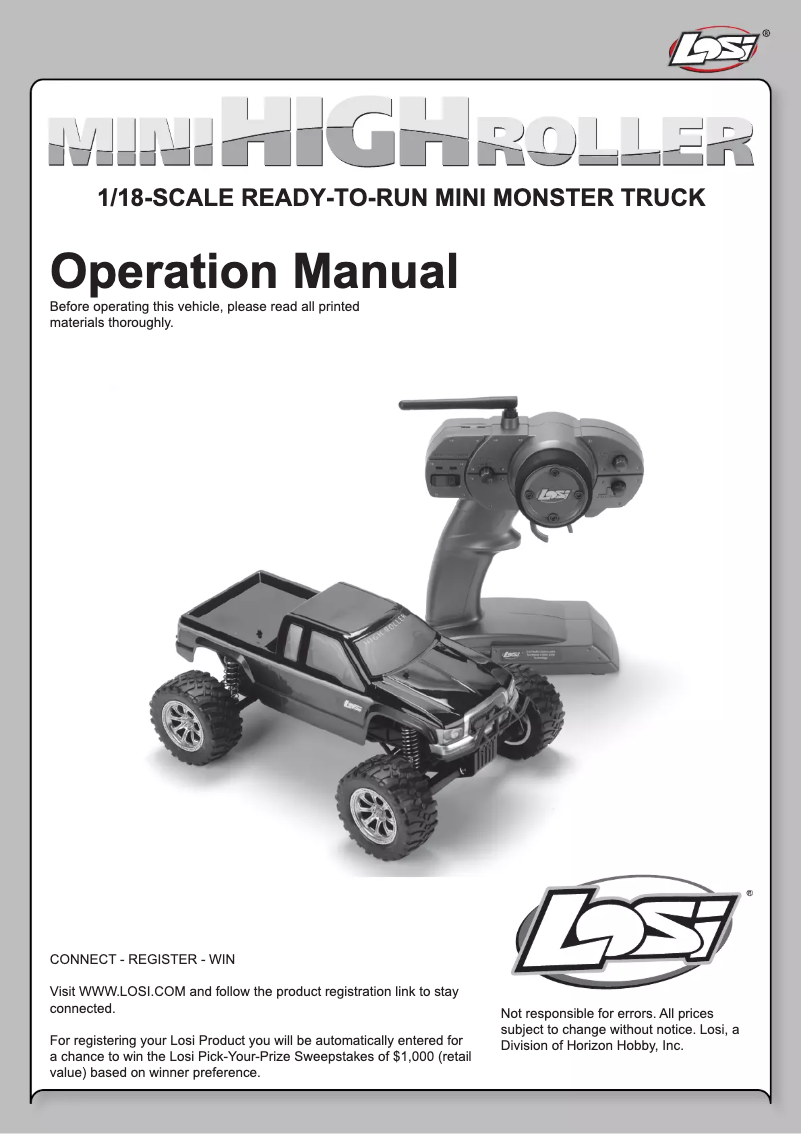 Page 1 de la notice Manuel utilisateur Losi 1/18 Mini HIGHroller RTR
