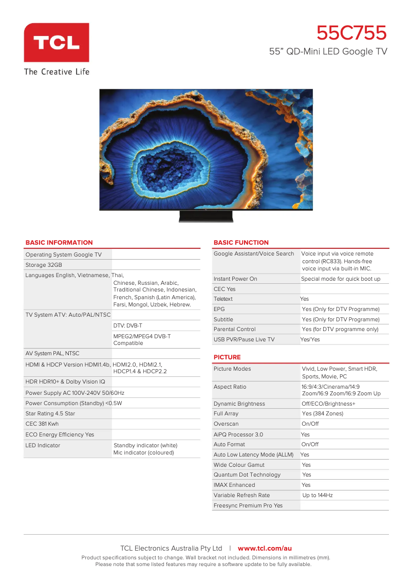 Page 1 de la notice Fiche technique TCL 55C755