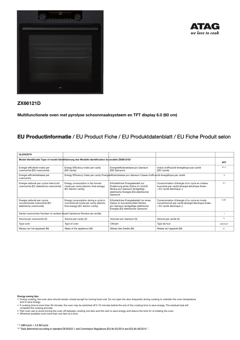 Page 1 de la notice Fiche technique Atag ZX66121D