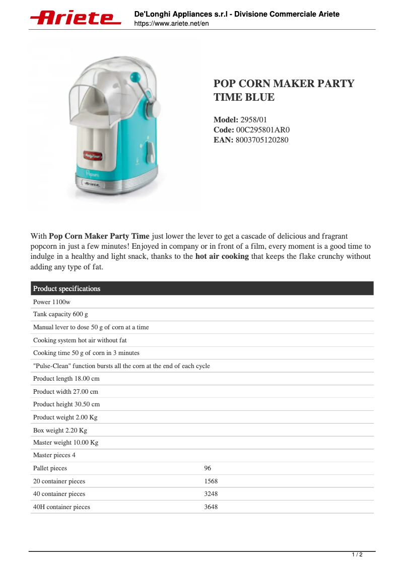 Page 1 de la notice Fiche technique Ariete Pop Corn Maker Party Time 2958