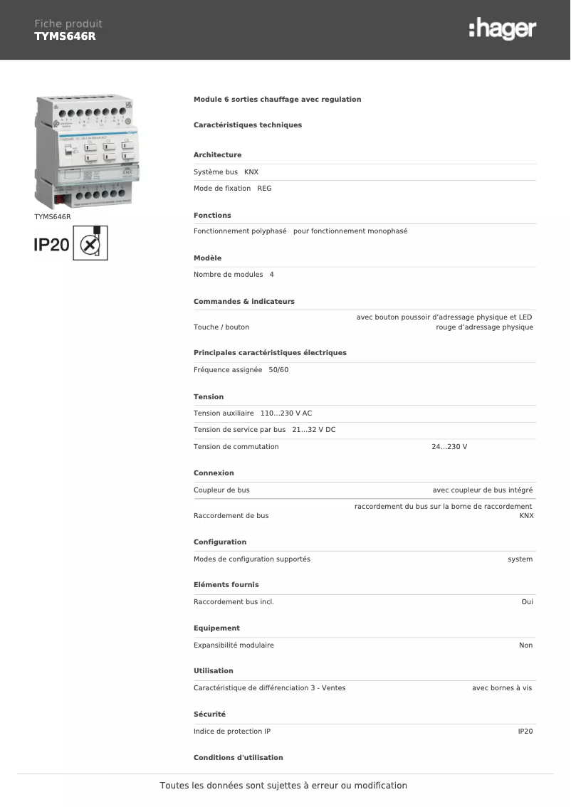 Page 1 de la notice Fiche technique Hager TYMS646R