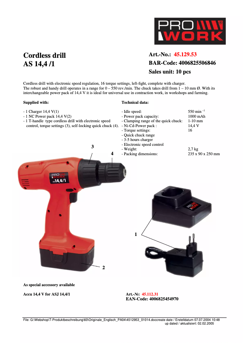 Page 1 de la notice Fiche technique Prowork AS 14,4/1