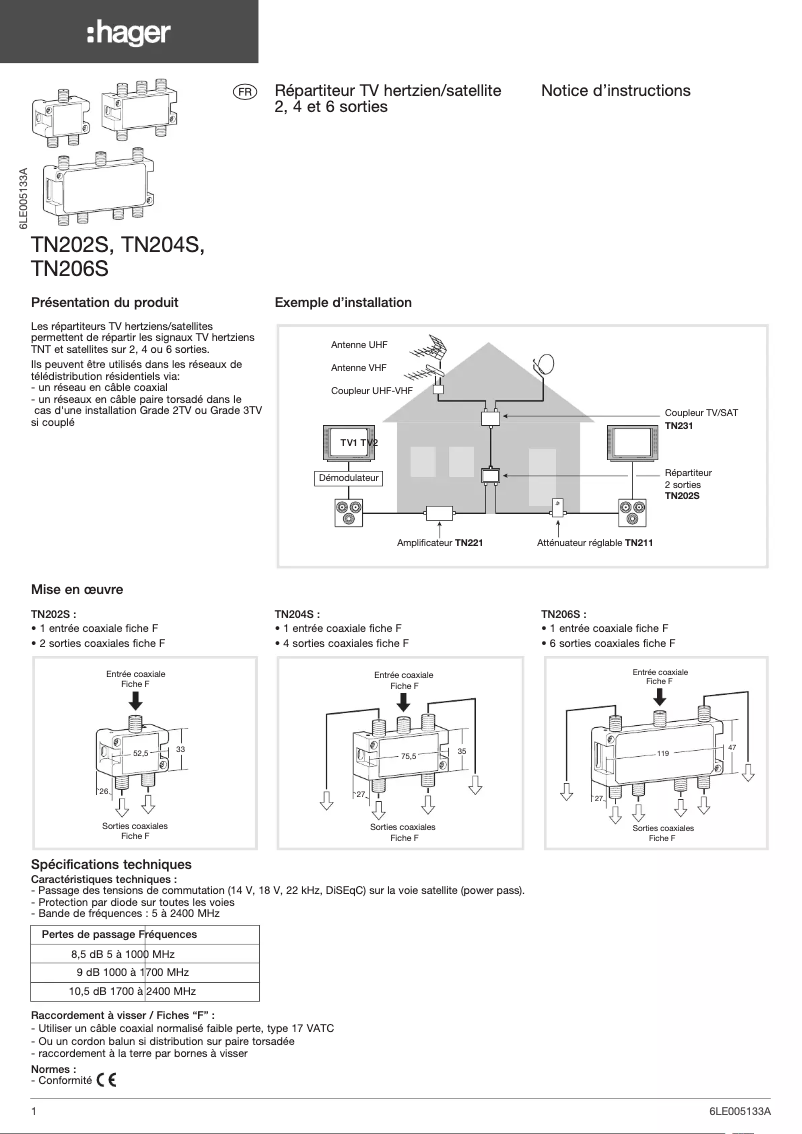 Page 1 de la notice Guide d'installation Hager TN202S