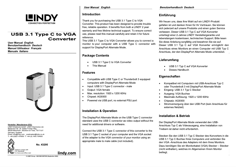 Page 1 de la notice Manuel utilisateur Lindy 43295