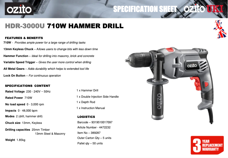 Page 1 de la notice Fiche technique Ozito HDR-3000U