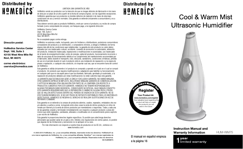 Página 1 del manual Manual de usuario Homedics HUM-WM75