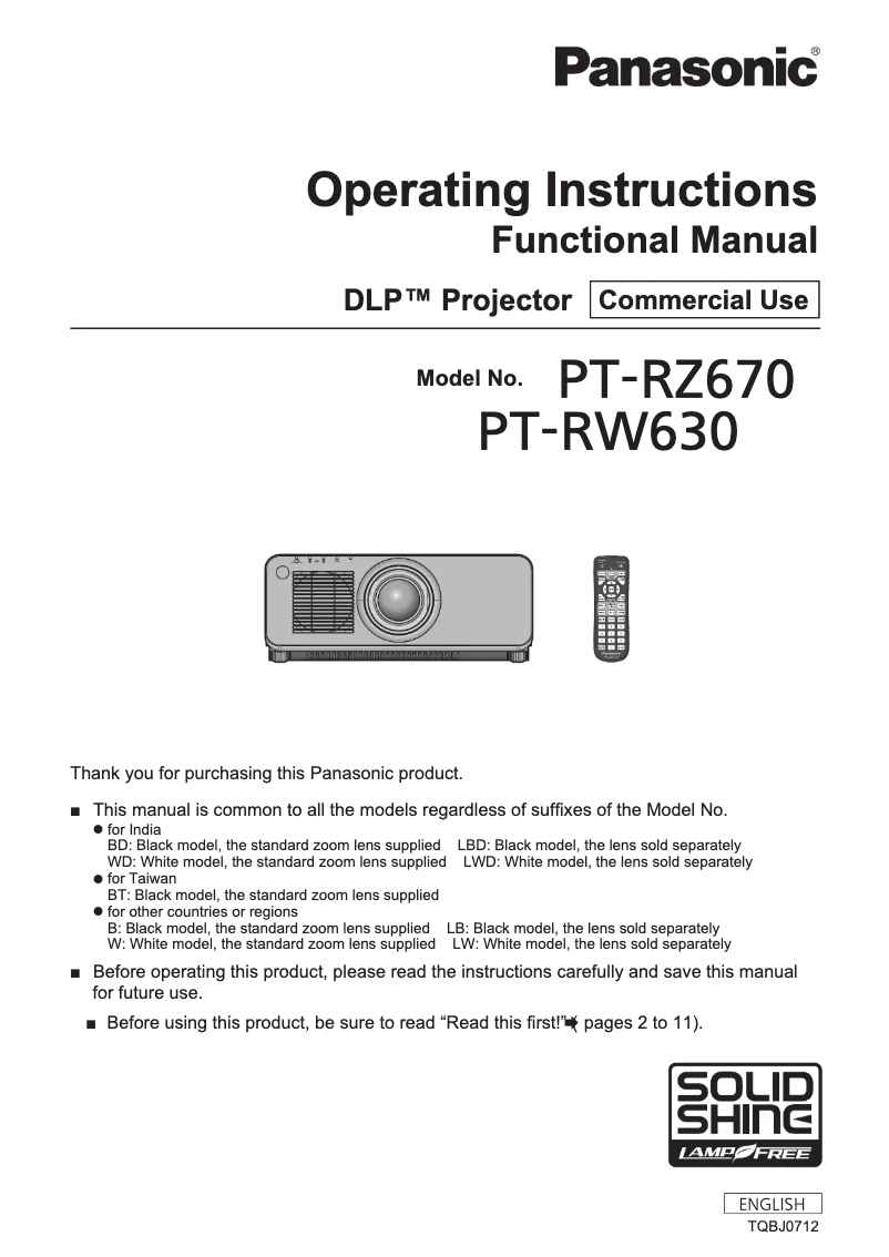 Page 1 de la notice Manuel utilisateur Panasonic PT-RZ670L