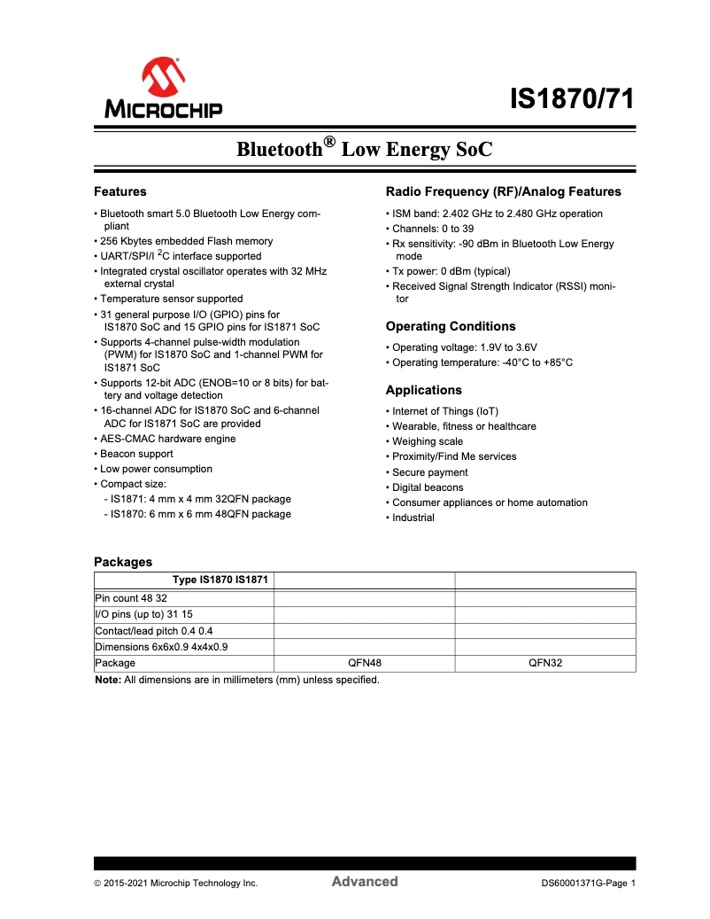 Page 1 de la notice Fiche technique Microchip IS1871