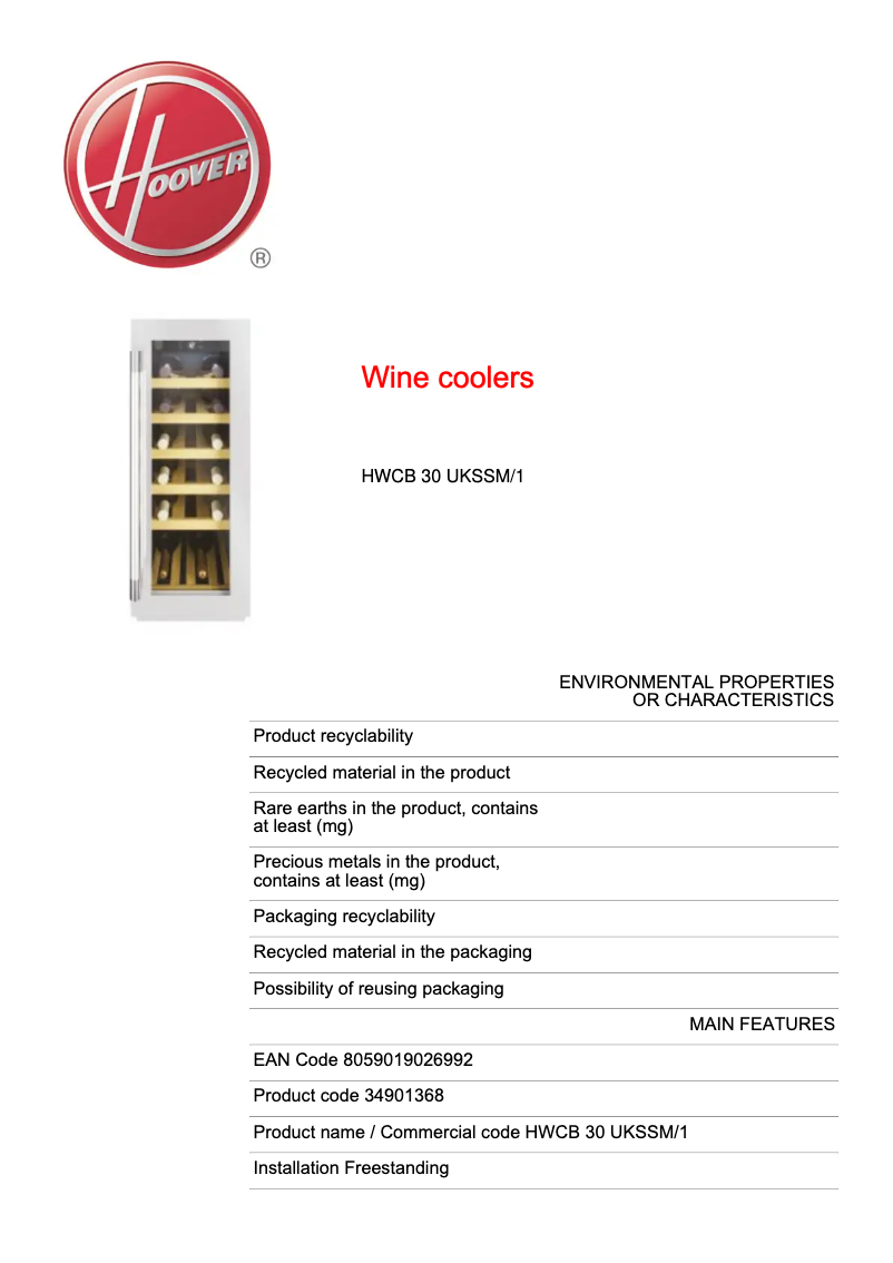 Page n°1 - Fiche technique Hoover HWCB 30 UKSSM/1
