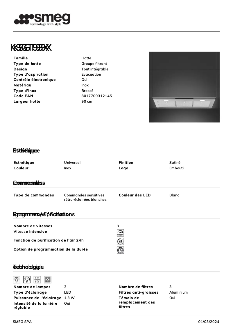Page 1 de la notice Fiche technique Smeg KSGT93X