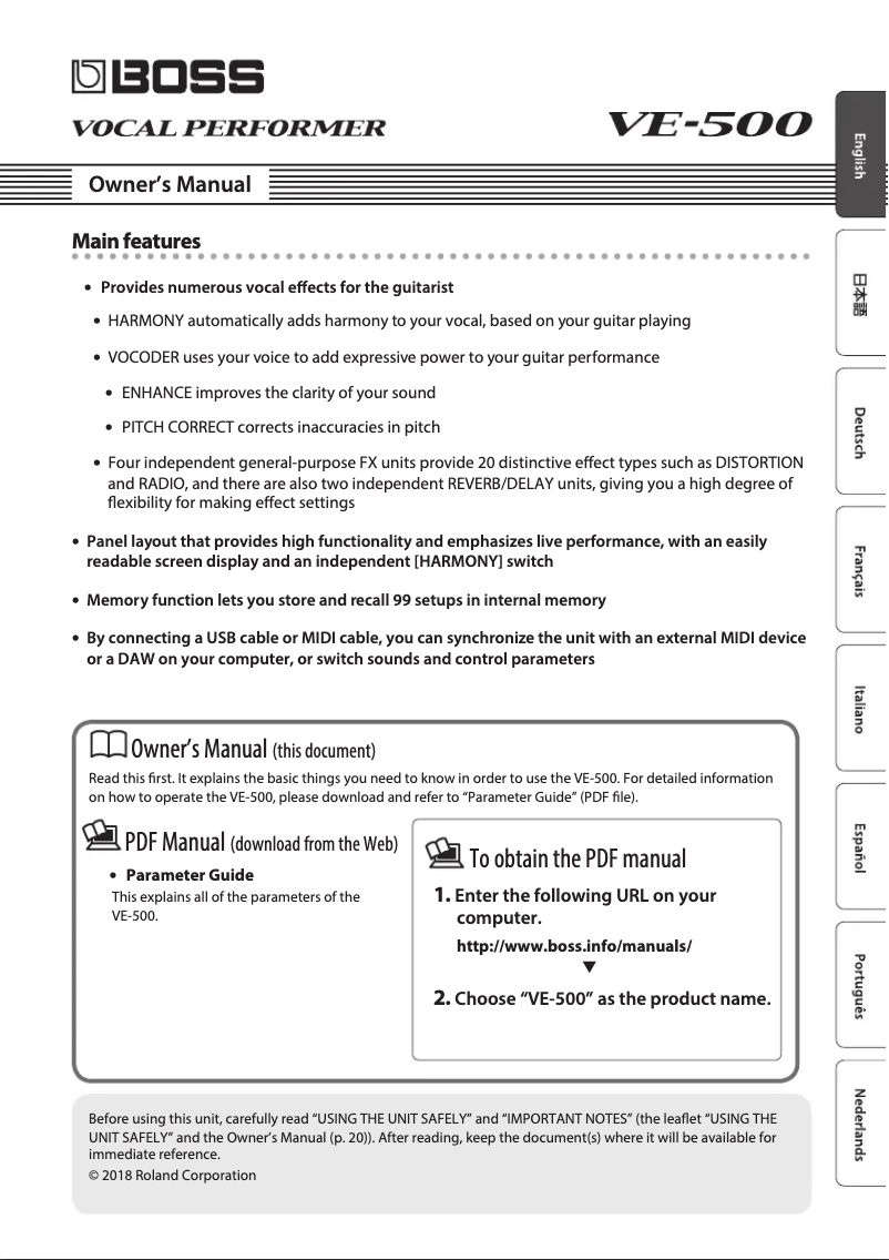 Page n°1 - Manuel utilisateur Boss VE-500