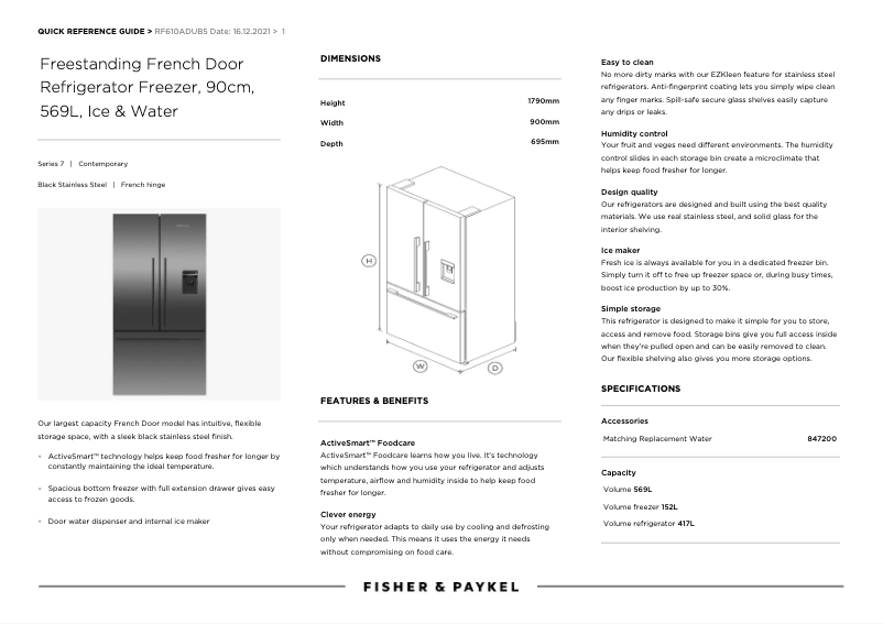 Page n°1 - Fiche technique Fisher & Paykel RF610ADUB5