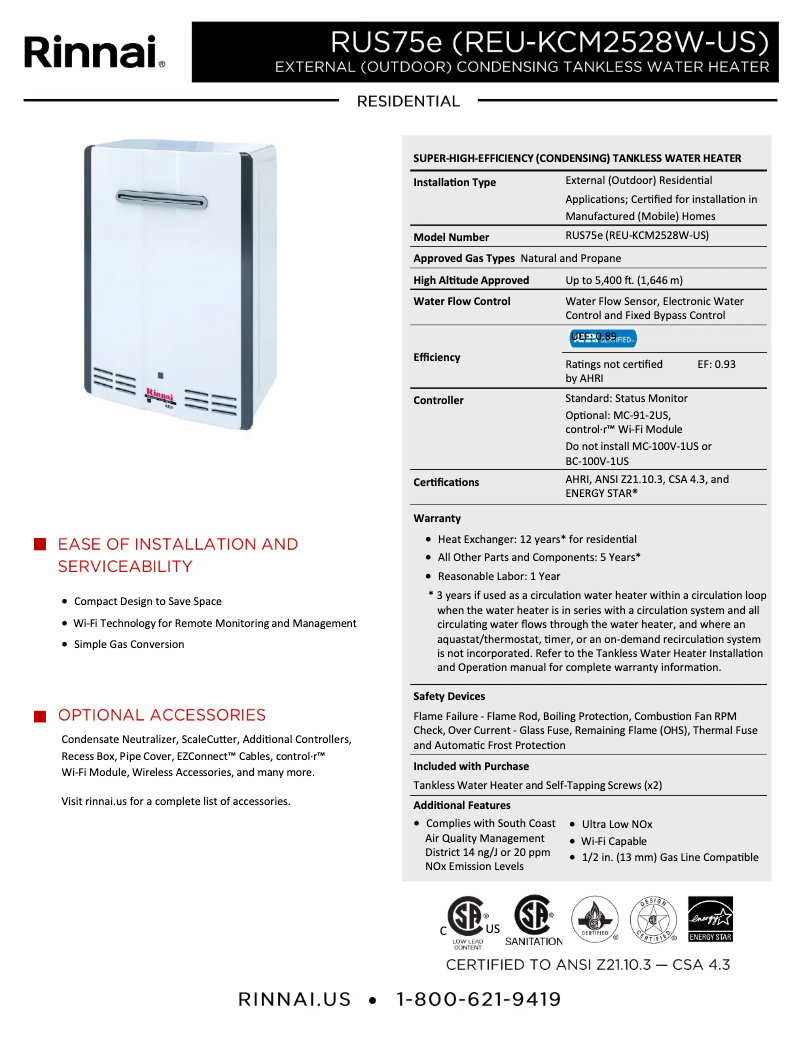 Page 1 de la notice Fiche technique Rinnai RUS75eN