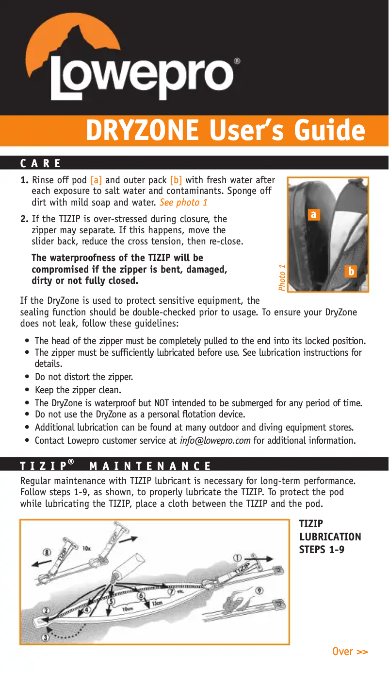 Page 1 de la notice Manuel utilisateur Lowepro DryZone