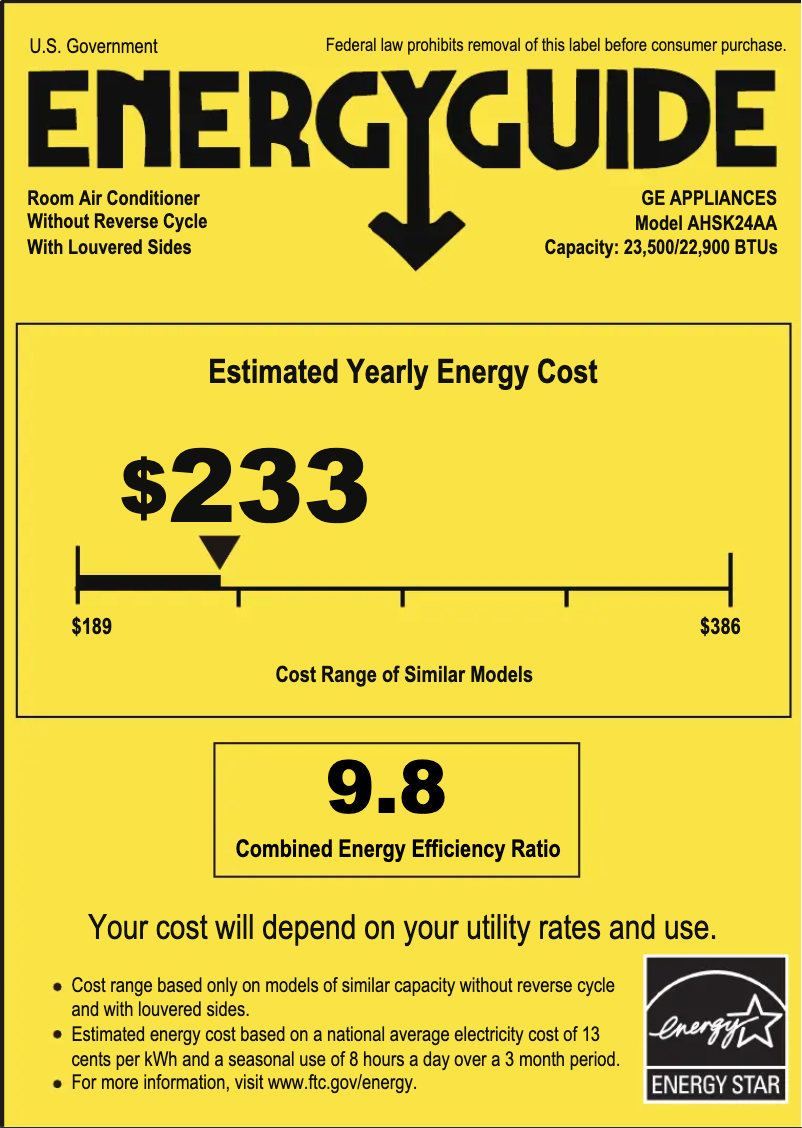 Page 1 of the manual Energy Label GE AHSK24AA