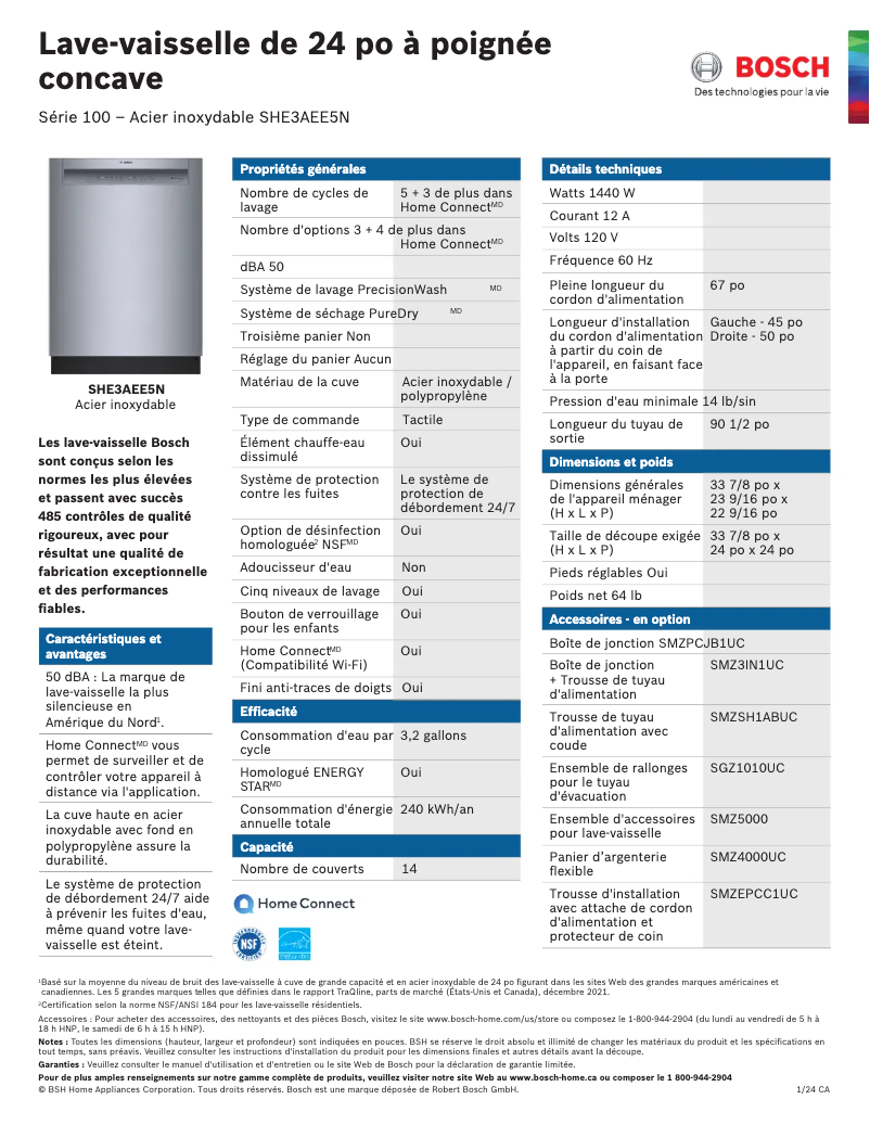 Page 1 de la notice Fiche technique Bosch SHE3AEE5N