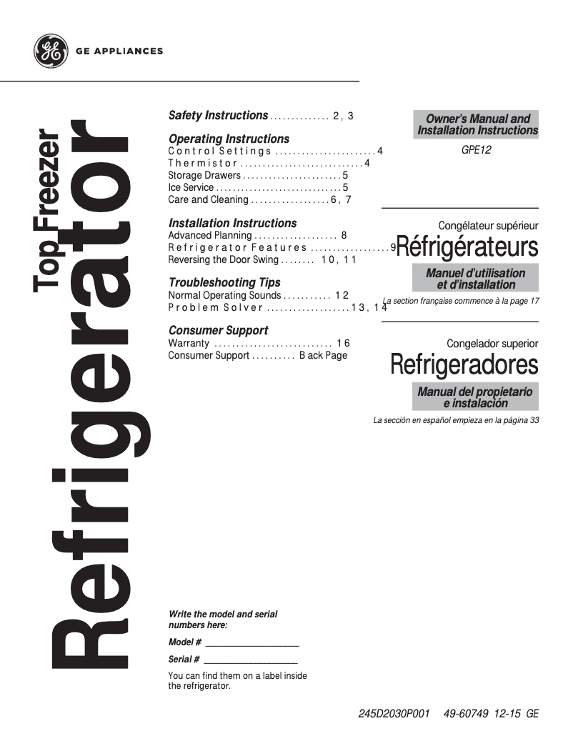 Page 1 de la notice Manuel utilisateur GE GPE12FGKWW