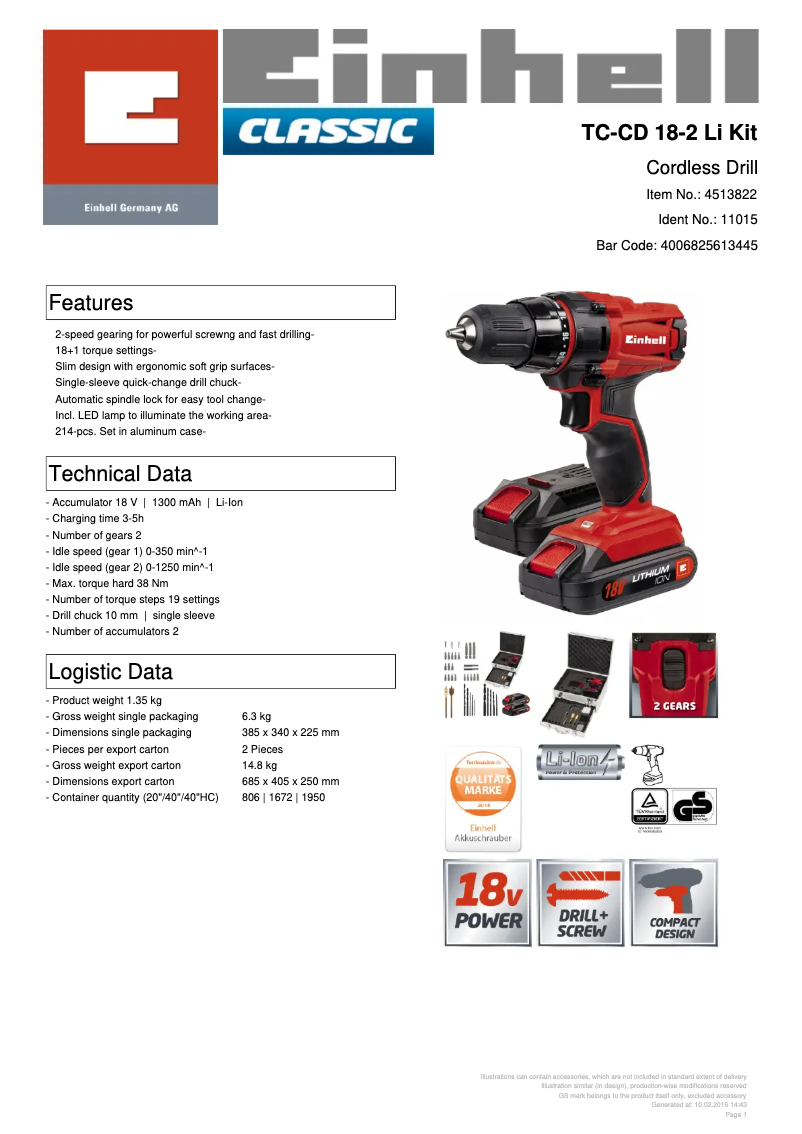 Page 1 de la notice Fiche technique Einhell TC-CD 18-2 Li Kit