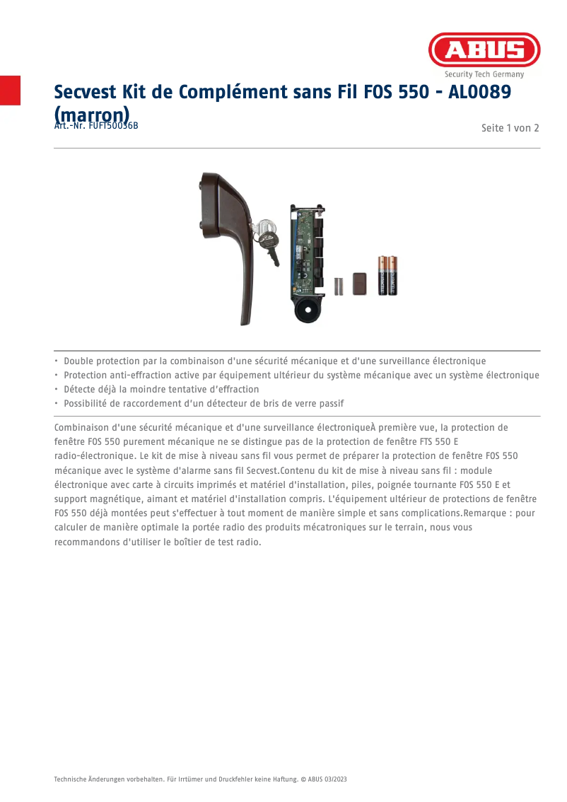 Page n°1 - Fiche technique Abus FUFT50036B